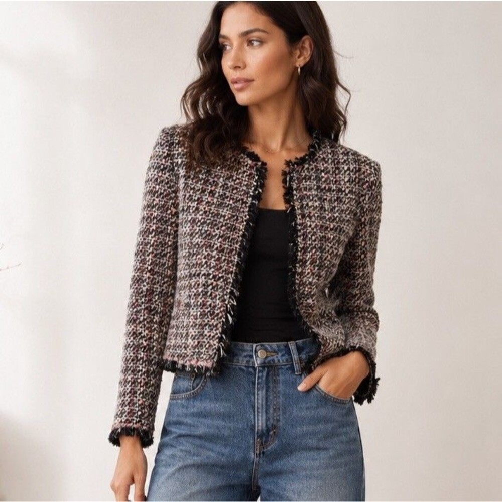 Iro Fringe Jacket Blazer Size 36/small Black & Multi Boucle